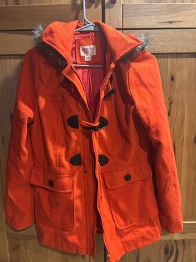 Mossimo Supply Co. Orange Toggle Coat with Faux Fur Trim
